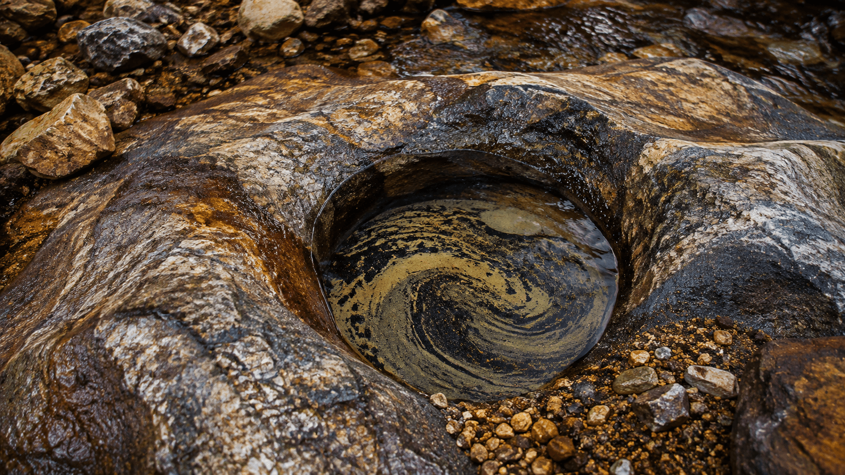 Taban kayasında girdap etkisiyle oyulmuş, içinde kum döngüsü olan dairesel bir pothole çukurunu gösteren fotoğraf
