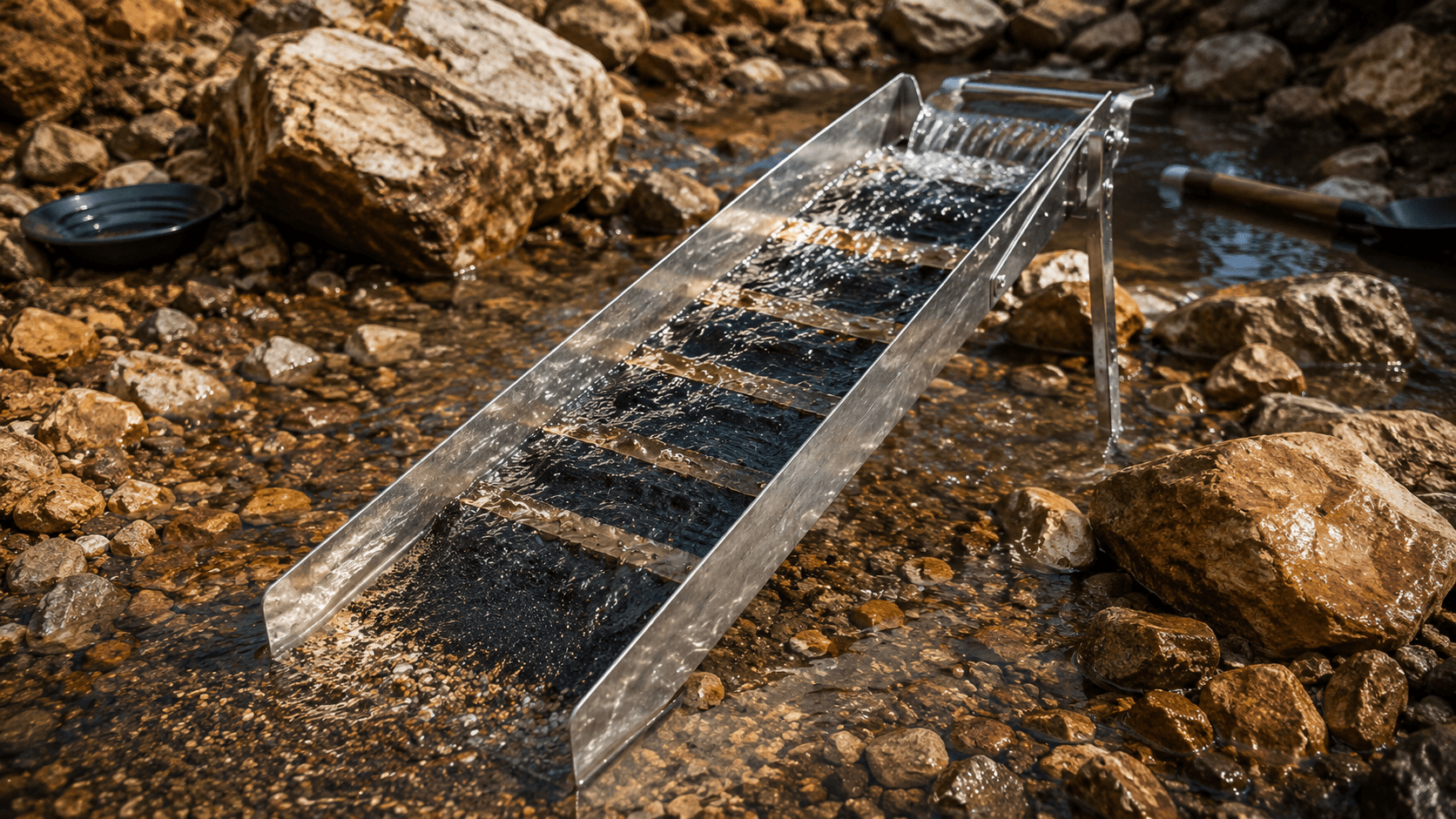 Dere içine kurulmuş, su akışıyla çalışan bir savağın (sluice box) kapanlarında biriken koyu renkli malzemeyi gösteren fotoğraf