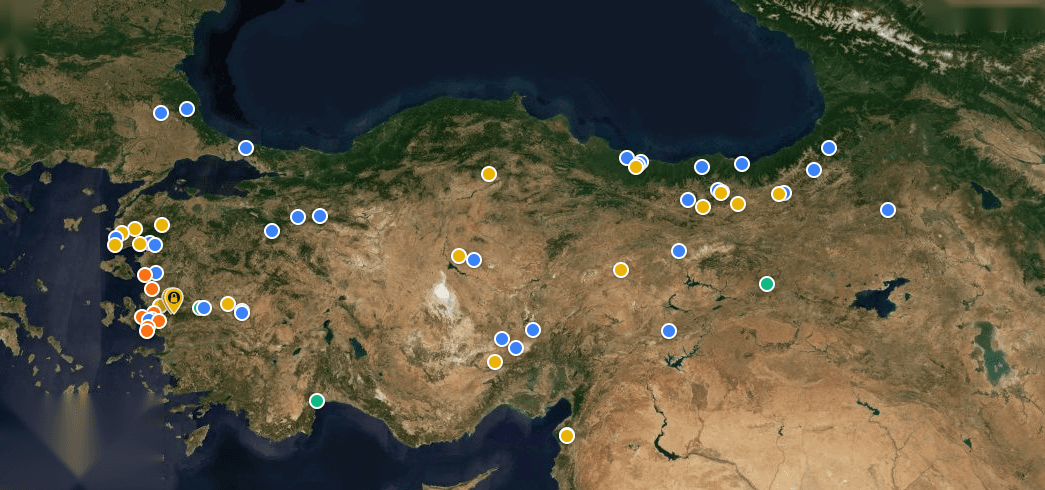 Türkiye potansiyel altın haritası önizlemesi, renkli jeolojik kayıt noktalarıyla